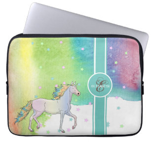 Einhorn, Farbige Sterne Monogramm, Wasserfarbsprit Laptopschutzhülle