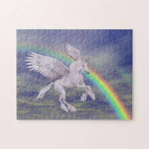 Einhorn fliegt über Regenbogen-Fantasy-Pferd  Puzzle