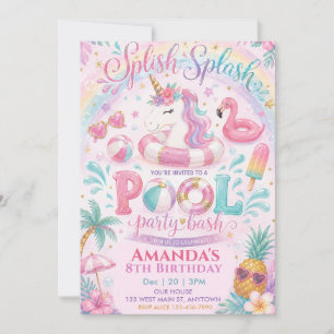 Einhorn Float Splish Splash Pool Mädchen-Geburtsta Einladung