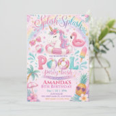Einhorn Float Splish Splash Pool Mädchen-Geburtsta Einladung (Stehend Vorderseite)