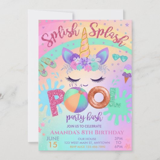 Einhorn-Float-Splish-Splash-Poolparty Geburtstag Einladung (Vorderseite)