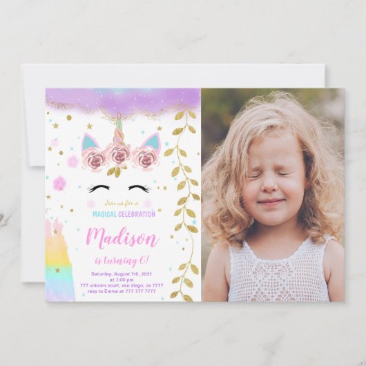 Einhorn-Foto Einladung (Vorderseite)