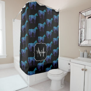 Einhorn-Funkeln aqua-blaue Ombre-Muster-Monogramm Duschvorhang