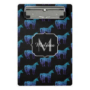 Einhorn-Funkeln aqua-blaue Ombre-Muster-Monogramm  Mini Klemmbrett