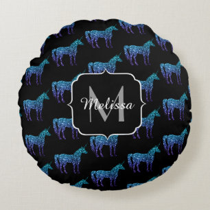 Einhorn-Funkeln aqua-blaue Ombre-Muster-Monogramm Rundes Kissen