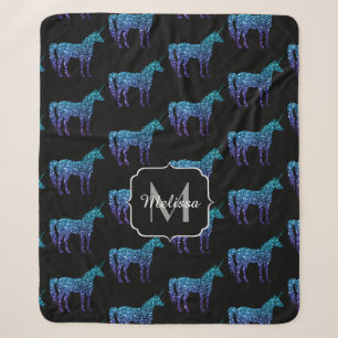 Einhorn-Funkeln aqua-blaue Ombre-Muster-Monogramm Sherpadecke