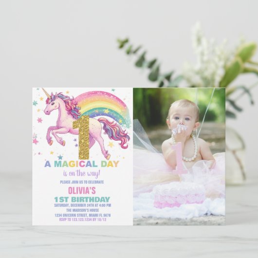 Einhorn Geburtstag Einladung mit Bild (Stehend Vorderseite)