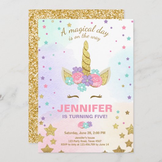 Einhorn Geburtstag Einladung Pink Gold Magical (Vorne/Hinten)