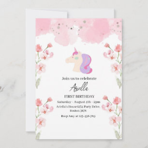 Einhorn Geburtstag Floral Mädchen Rosa Wasserfarbe Einladung