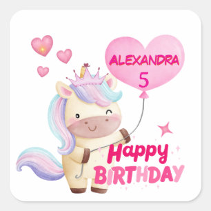 Einhorn Geburtstag mit Namen Quadratischer Aufkleber