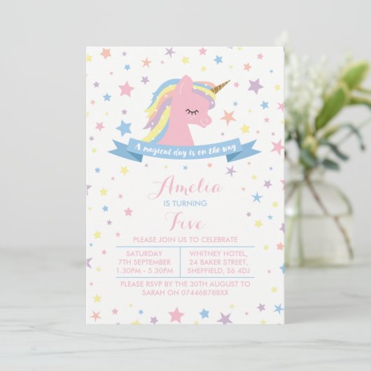 Einhorn-Geburtstagsfeier Einladung (Stehend Vorderseite)