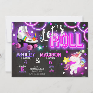 Einhorn gemeinsame Rollschuh Geburtstag Neon Glow Einladung