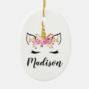 Einhorn-Gesicht mit Wimpern personalisierter Name Keramik Ornament