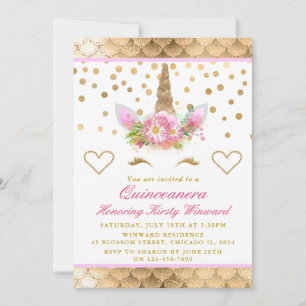 Einhorn Gesicht Rosa Gold Konfetti Quinceanera Einladung