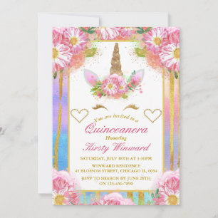 Einhorn Gesicht Rosa Gold Quinceañera Einladung