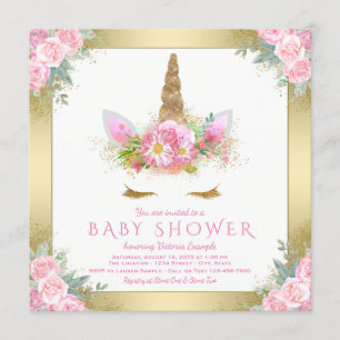 Einhorn-Gesicht Rosa Goldene Babyparty-Einladungen Einladung