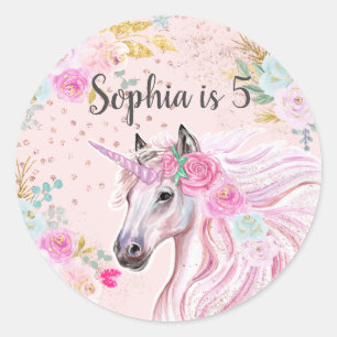 Einhorn Girly Rosa Floral Gold Glitter Name Alter Runder Aufkleber