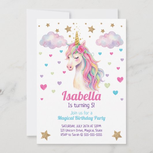 Einhorn Glitzer Mädchen Geburtstag Einladung (Vorderseite)