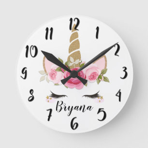 Einhorn Gold Rosa Blumen Süß Trendig Schlafzimmer Runde Wanduhr