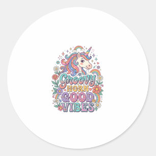 Einhorn Groovy Horn Gute Vibes Charmante POD Kunst Runder Aufkleber