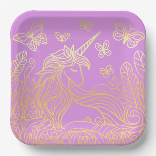 Einhorn im Garten Gold Pappteller (Vorderseite)