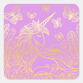 Einhorn im Garten Gold Quadratischer Aufkleber