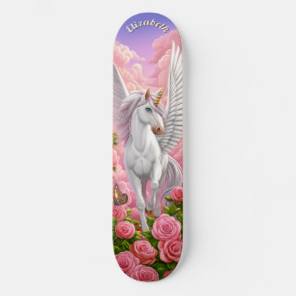 Einhorn im rosa Himmel mit Rosen Fantasy-Kunst Skateboard