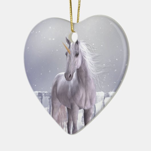 Einhorn im Schnee Keramikornament (Links)