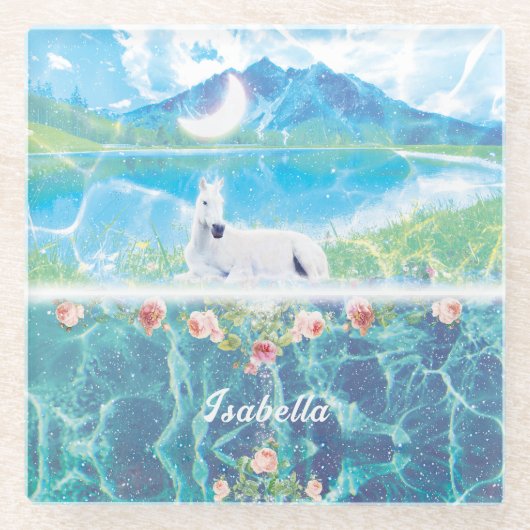 Einhorn in einer paradiesischen Traumwelt Glasuntersetzer (Vorderseite)