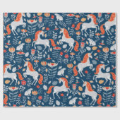 Einhorn, Kaninchen, Vögel, Blume auf blauem Unterg Geschenkpapier (Flach)