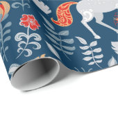 Einhorn, Kaninchen, Vögel, Blume auf blauem Unterg Geschenkpapier (Rolleneckpunkt)