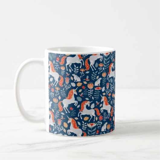 Einhorn, Kaninchen, Vögel, Blume auf blauem Unterg Kaffeetasse (Links)