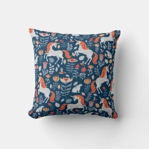 Einhorn, Kaninchen, Vögel, Blume auf blauem Unterg Kissen