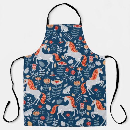 Einhorn, Kaninchen, Vögel, Blume auf blauem Unterg Schürze (Vorderseite)