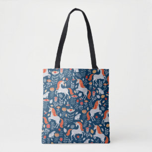 Einhorn, Kaninchen, Vögel, Blume auf blauem Unterg Tasche