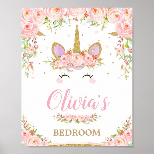 Einhorn Kinder Schlafzimmer Rosa Blumenstrauß Kuns Poster (Vorne)