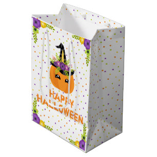 Einhorn-Kürbis-Blumen Happy Halloween Weiß Mittel Mittlere Geschenktüte