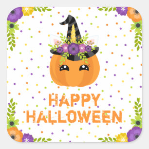 Einhorn-Kürbis Frohes Halloween Weißes Quadrat-Sti Quadratischer Aufkleber