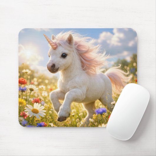 Einhorn läuft auf einem Feld mit Wildblumen Mousepad (Mit Mouse)