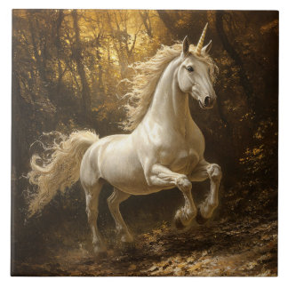 Einhorn läuft durch das Waldgemälde Fliese