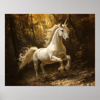 Einhorn läuft durch Waldmalerei Poster
