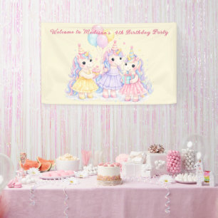 Einhorn-Mädchen-Geburtstag im Pastell-Wasserfarben Banner