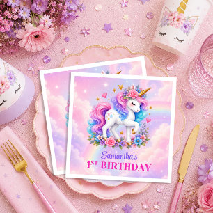 Einhorn-Mädchen-Geburtstagsservietten in Rosa und Serviette