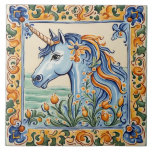 Einhorn, mediterran Gelb und Blauer Folk Fliese<br><div class="desc">sommerliche sizilianische Keramik Kachel,  italienisches handgemaltes Muster,  mediterranes Pferdedesign,  niedlich pastellblau,  sommerliche Einhorn Blume floral,  fett orange Girlangional portugal,  authentisches klassisches Gemälde, Vintage Frühlingsantik rustikal, volkskünstliche spanisch mexican talavera, minte grüne sonnige Blume</div>