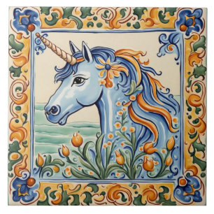 Einhorn, mediterran Gelb und Blauer Folk Fliese