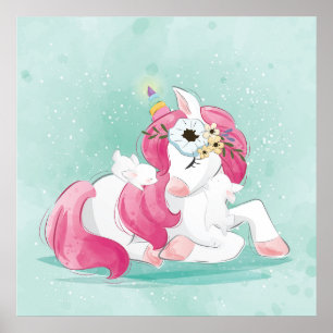 Einhorn mit Babykaninchen Poster