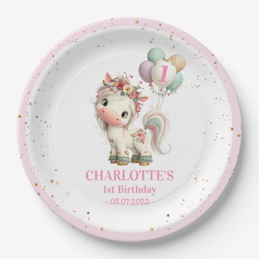 Einhorn mit Ballons Geburtstag Pappteller in Paste (Vorderseite)