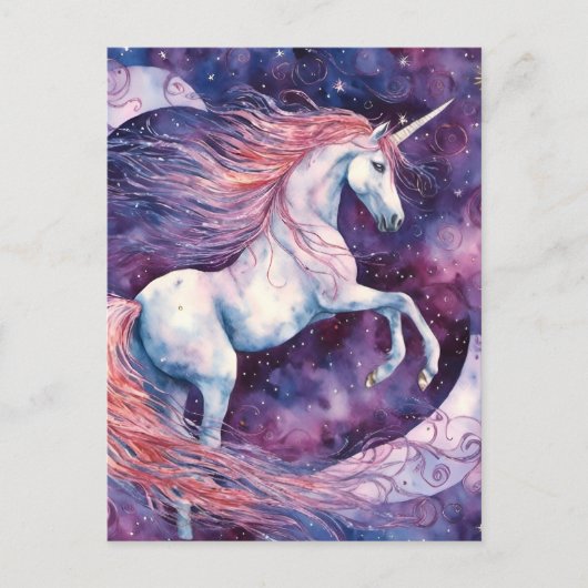 Einhorn mit dem Mond, rosa weiß lila Postkarte (Vorderseite)