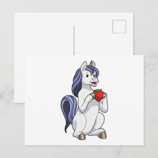Einhorn mit Erdbeerobst Postkarte (Vorne/Hinten)