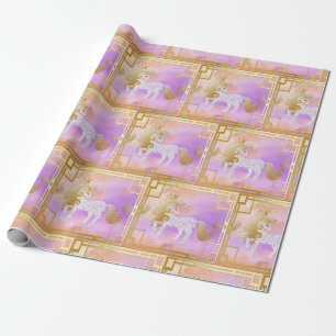 Einhorn mit Goldkrone auf rosa violettem Rose-Gold Geschenkpapier